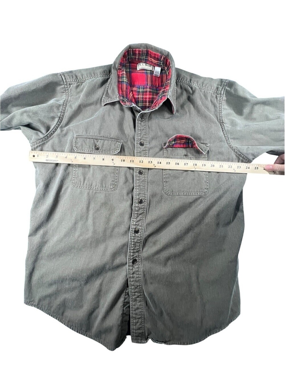 L.L.Bean Chamois Cloth Shirt Made in USA Faded Olive Flannel Lined Heritage - Picture 5 of 7